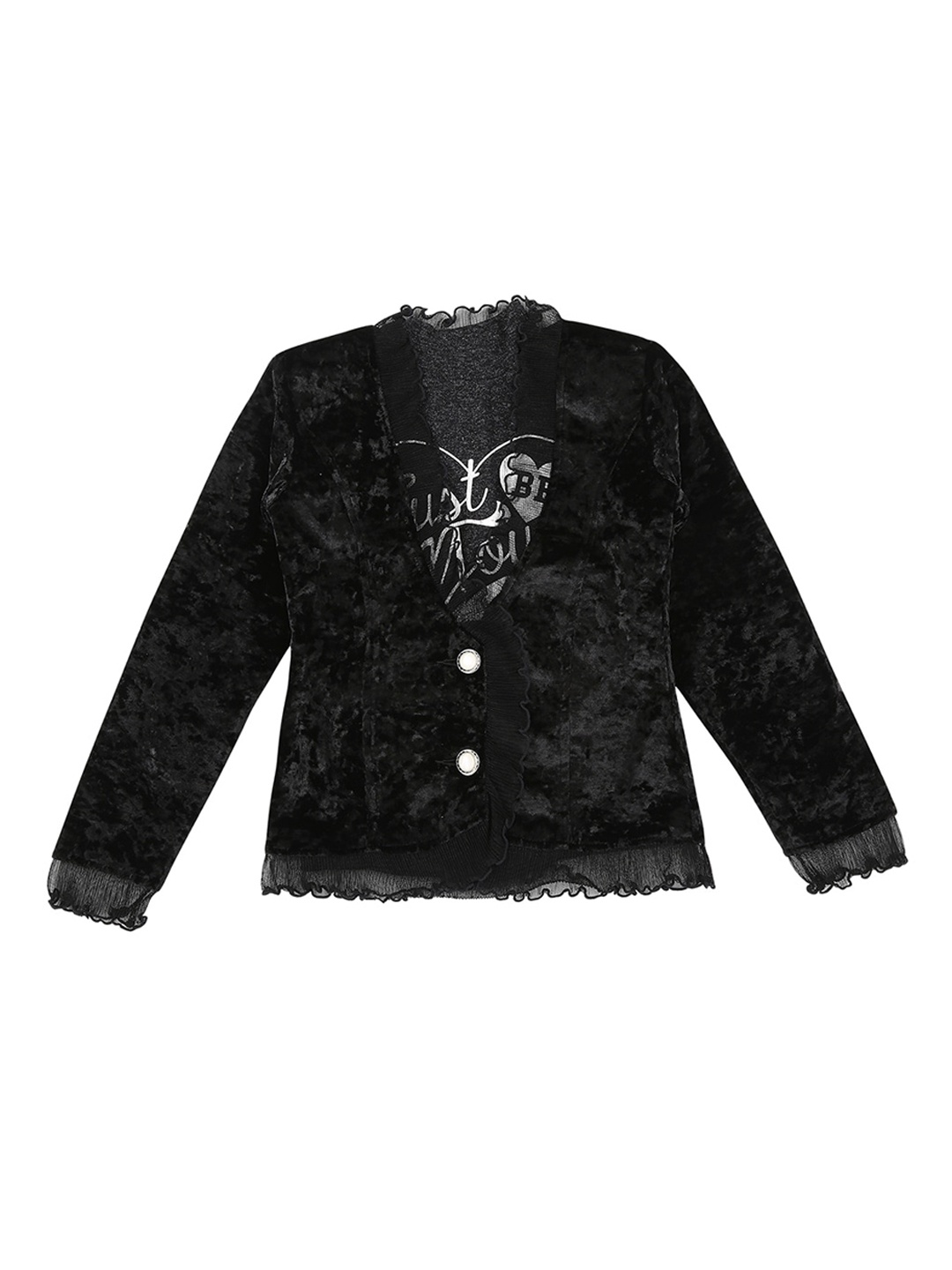 

Actuel Girls Black Solid Single-Breasted Blazers With Printed T-shirt