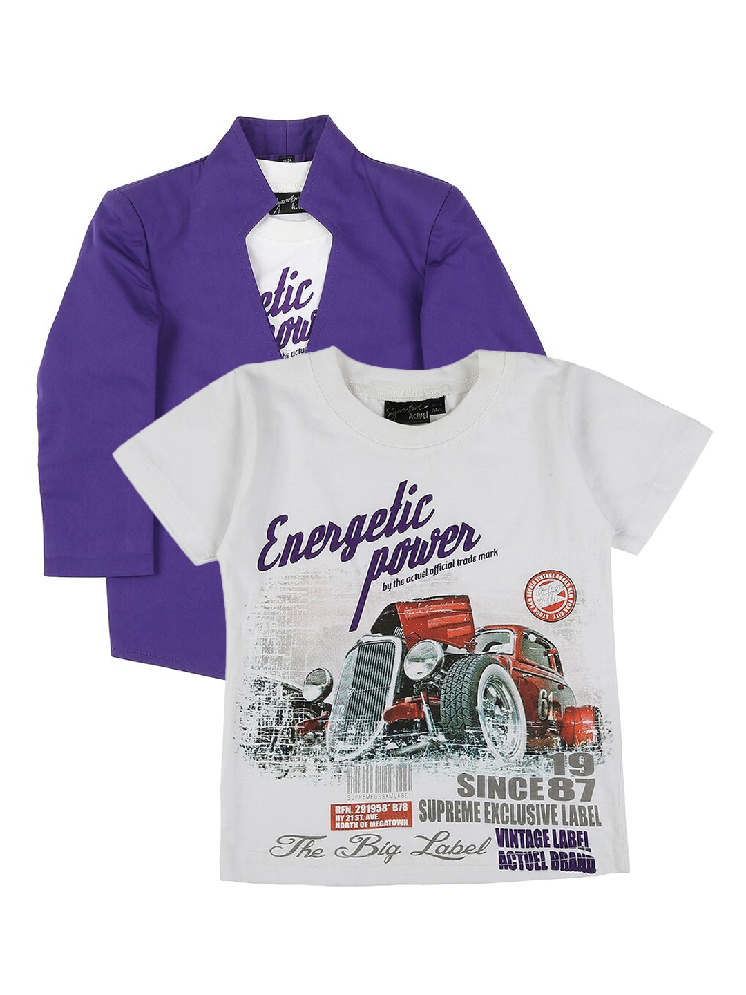 

Actuel Boys Purple & White Solid Blazer With T-Shirt