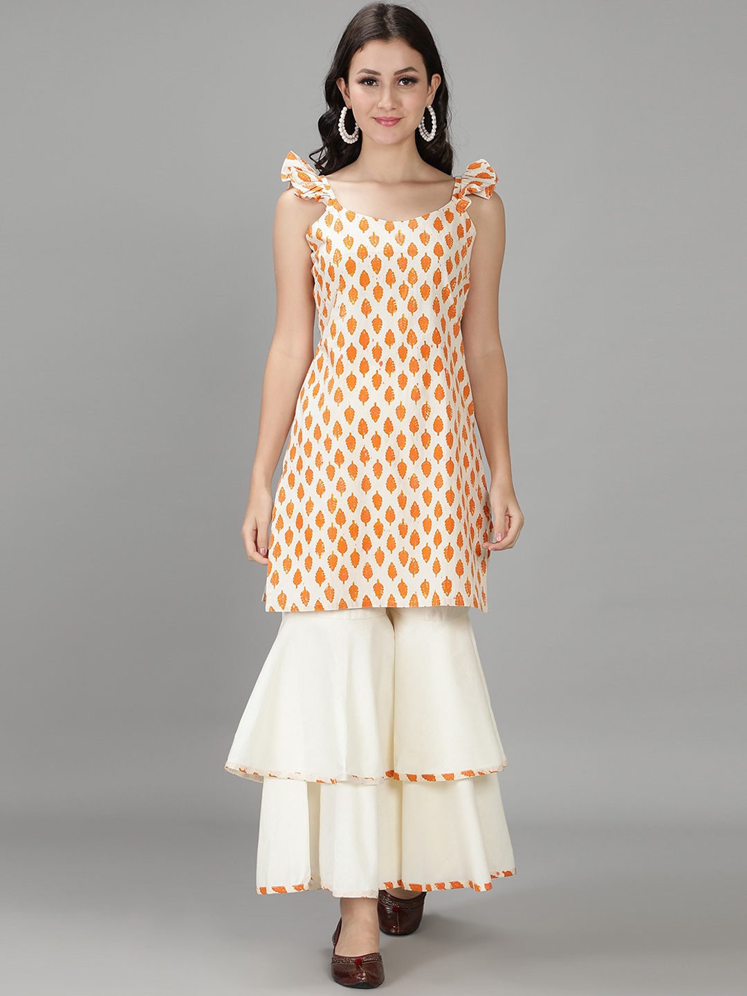 

Sajke Women Orange Ethnic Motifs Printed Pleated Pure Cotton Kurti with Sharara