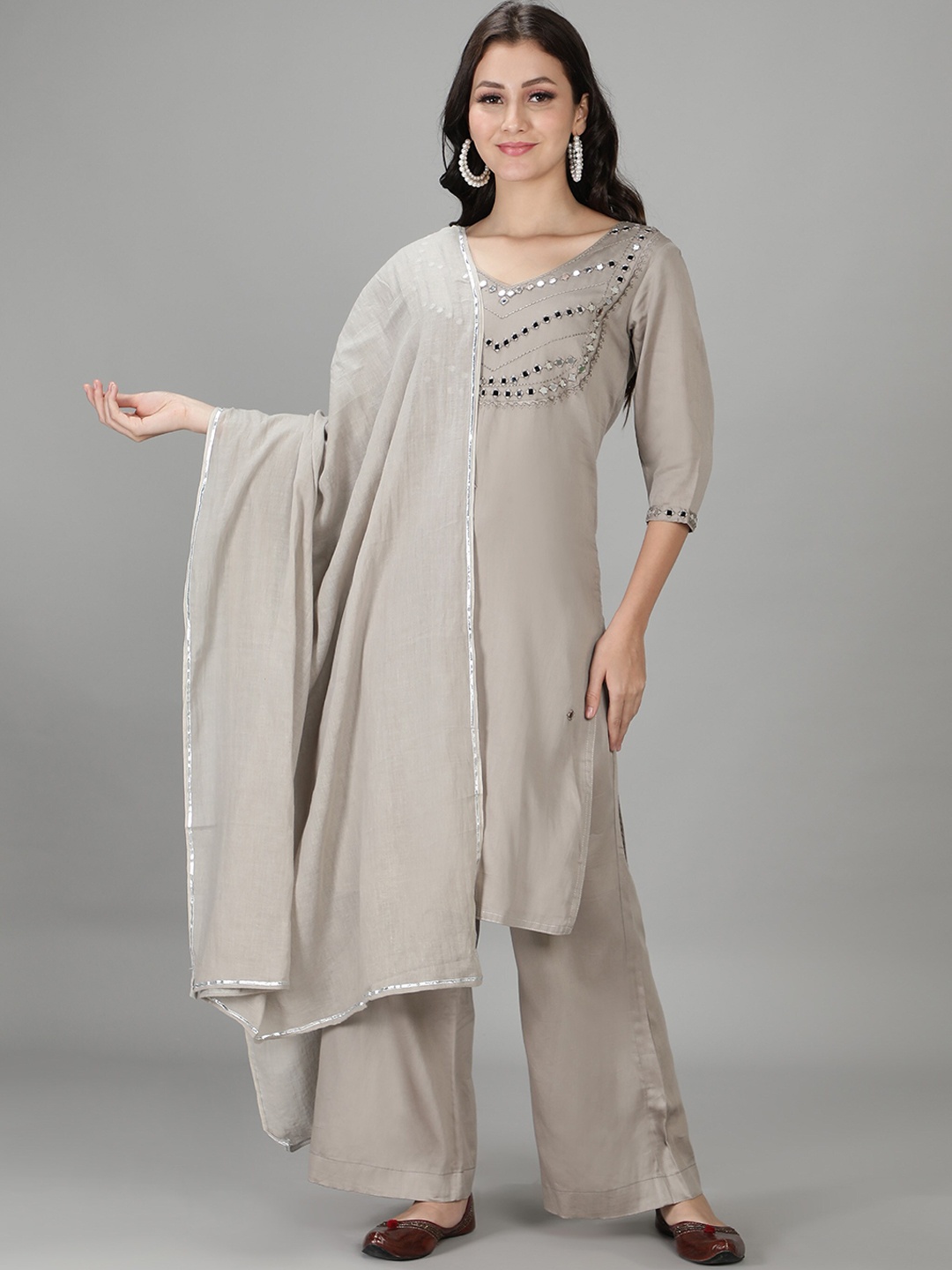 

Sajke Women Grey Embroidered Mirror Work Kurta with Palazzos & Dupatta