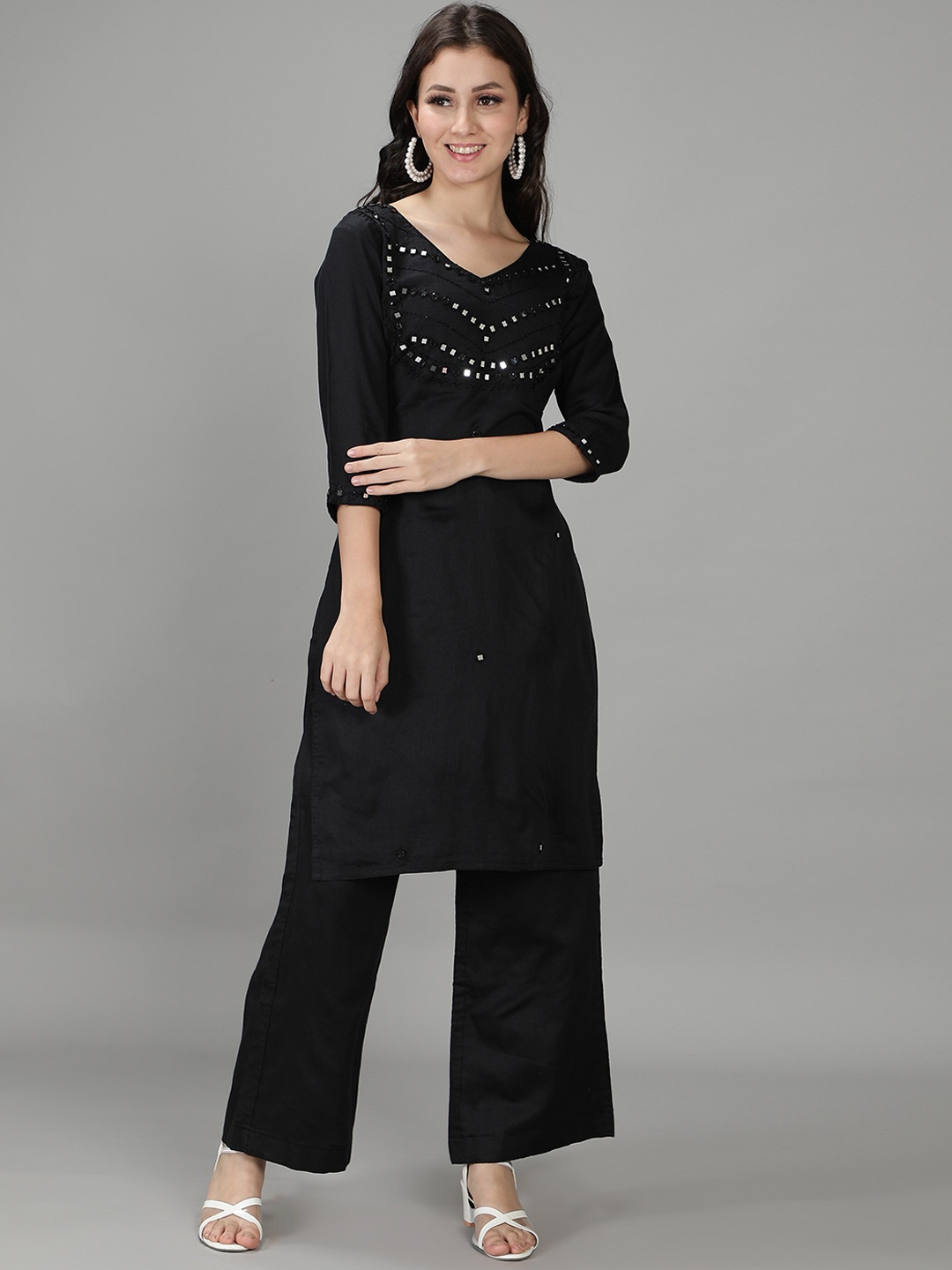 

Sajke Women Black Embroidered Mirror Work Kurta with Palazzos