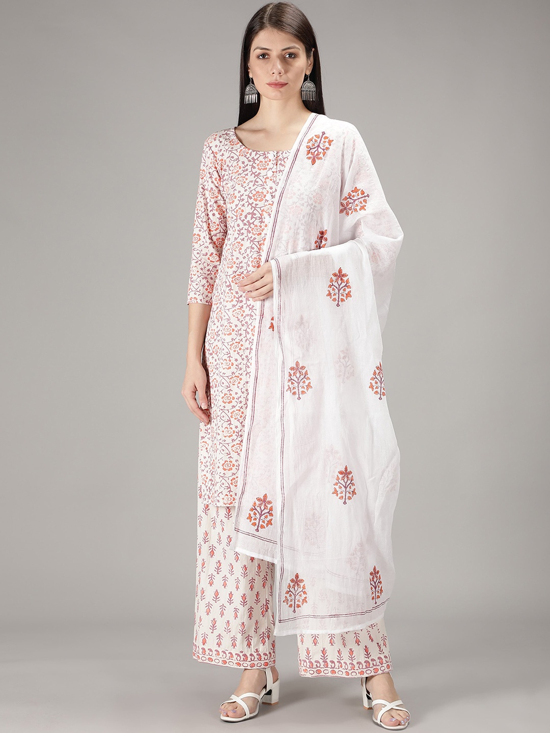 

Sajke Women Floral Printed Pure Cotton Kurta with Palazzos & Dupatta, Off white
