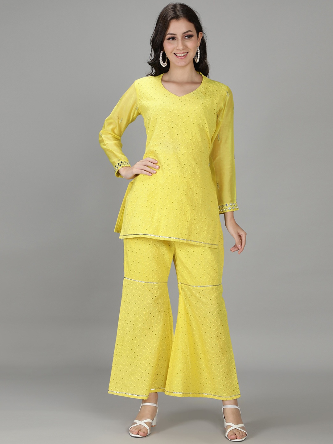 

Sajke Women Yellow Kurti with Sharara & Dupatta