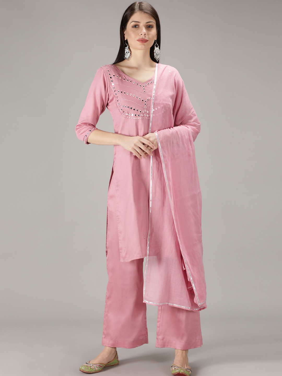 

Sajke Women Mauve Embroidered Mirror Work Kurta with Palazzos & Dupatta