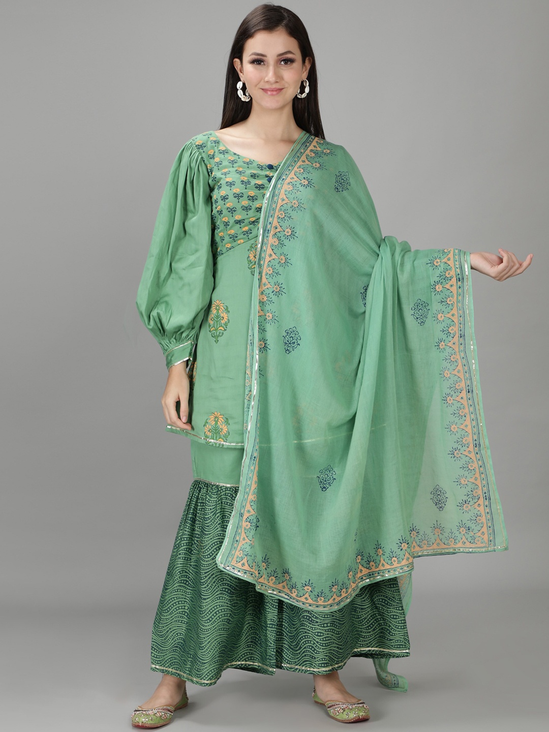 

Sajke Women Green Ethnic Motifs Printed Gotta Patti Top with Sharara & Dupatta