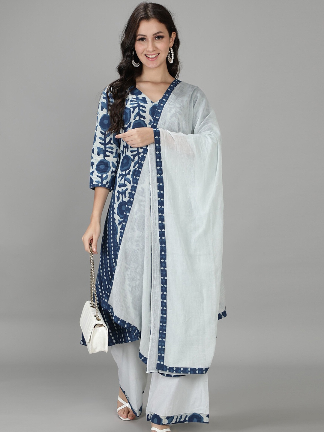 

Sajke Women Blue Printed Pure Cotton Kurta with Palazzos & Dupatta