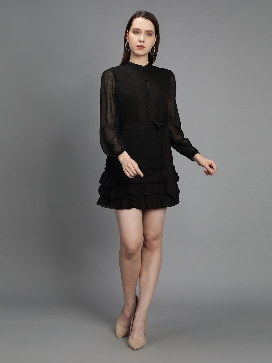 

MINGLAY Women Black Chiffon A-Line Mini Dress