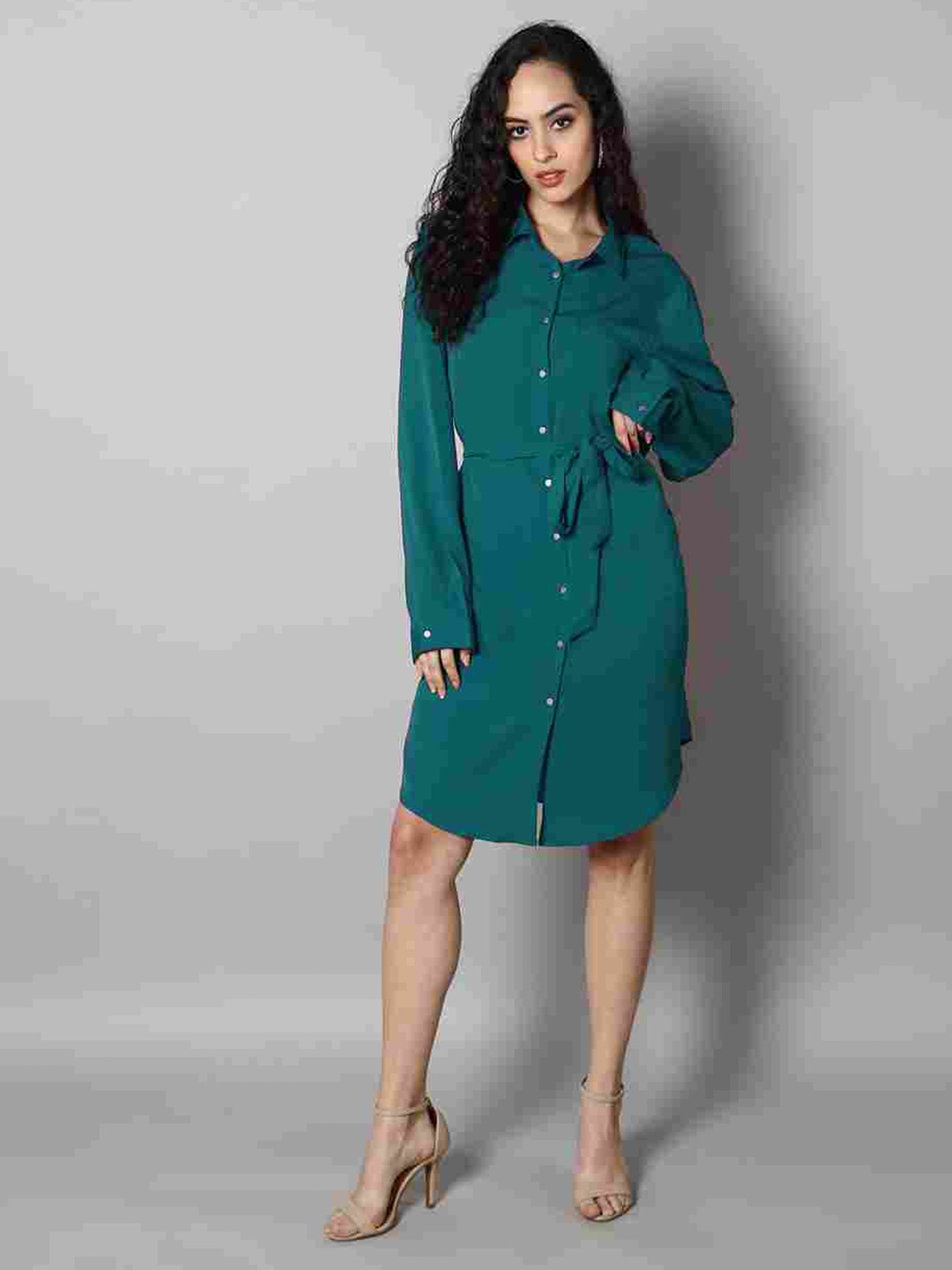 

MINGLAY Women Blue Crepe Shirt Dress