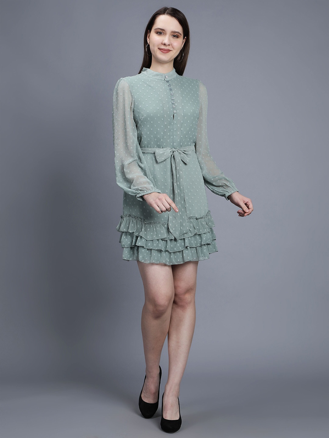 

MINGLAY Self Design Fit and Flare Chiffon Dress, Sea green