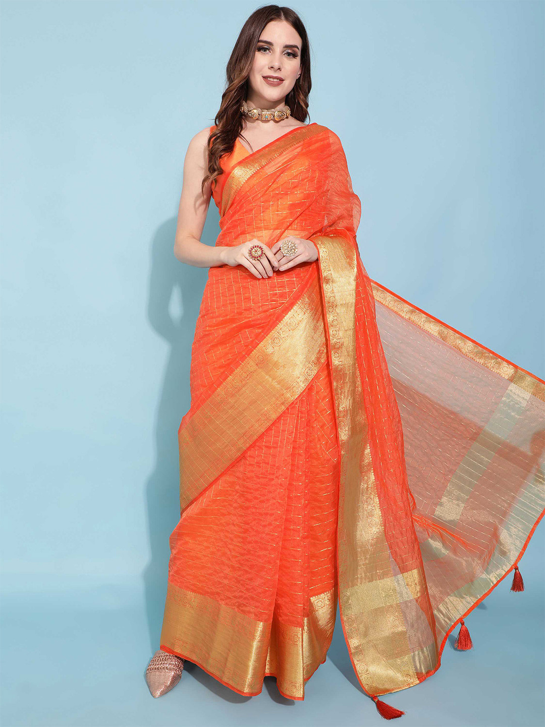 

DUNGRANI Orange & Gold-Toned Checked Zari Tissue Saree