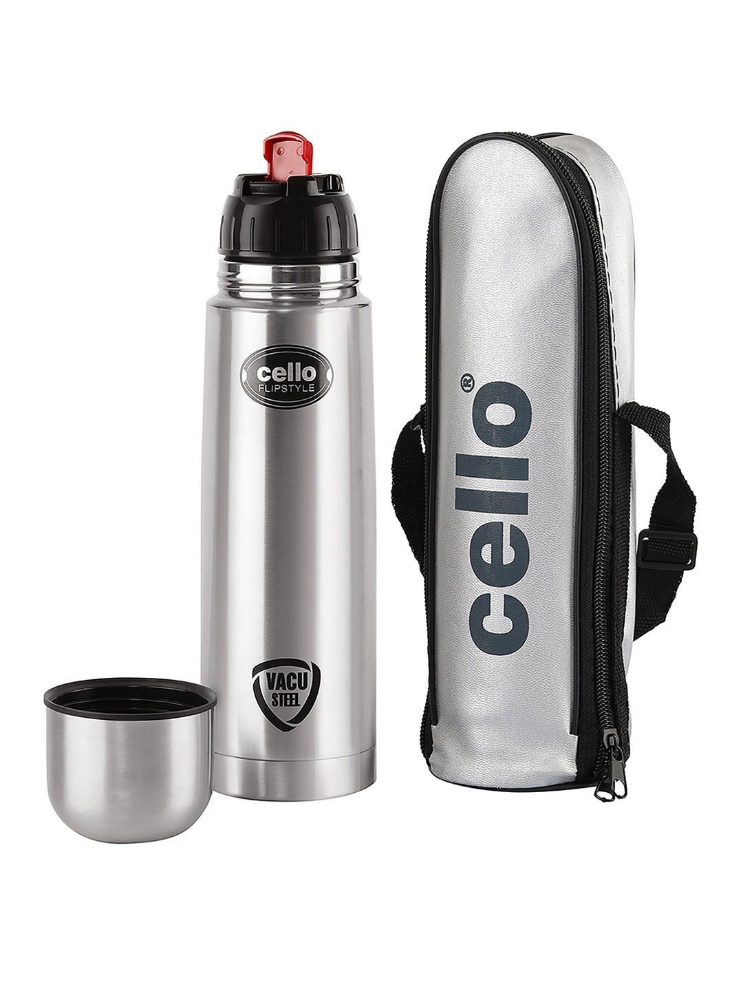 

Cello Silver-Toned Flip Style Stainless Steel Water Bottle with Thermal Jacket 350 ml