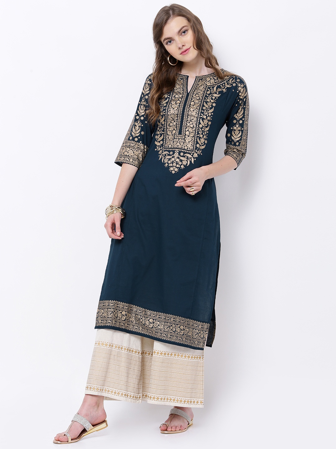 

Vishudh Women Navy Blue & Gold-Toned Printed Straight Kurta