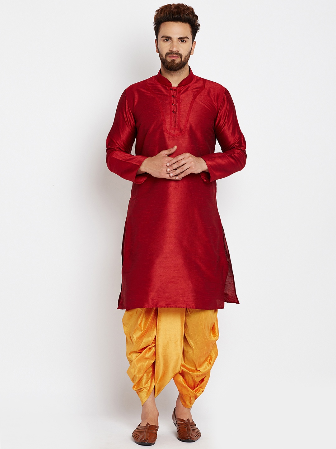 

SOJANYA Men Red & Mustard Yellow Solid Kurta with Dhoti Pants