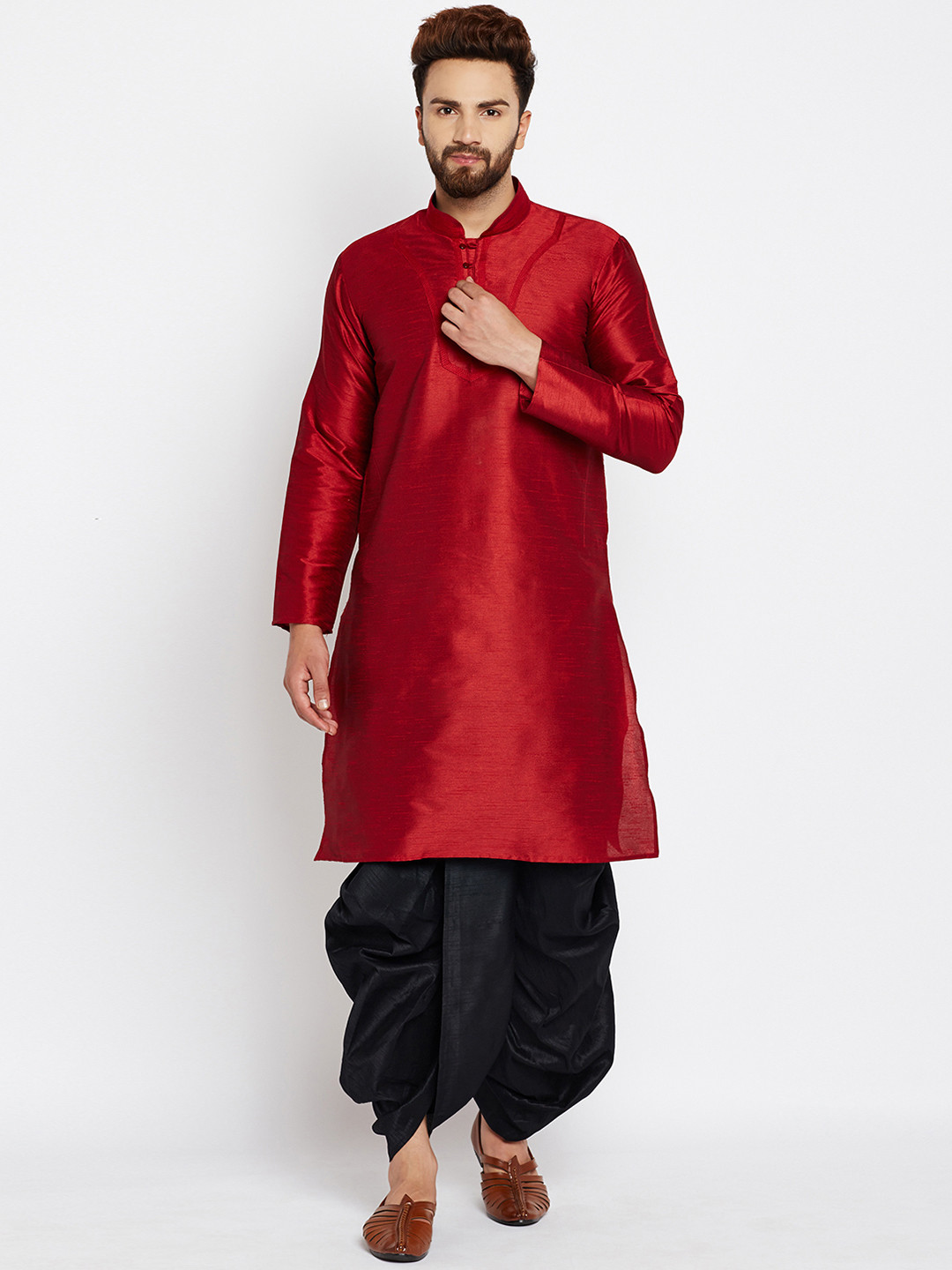 

SOJANYA Men Red & Black Solid Kurta with Dhoti Pants