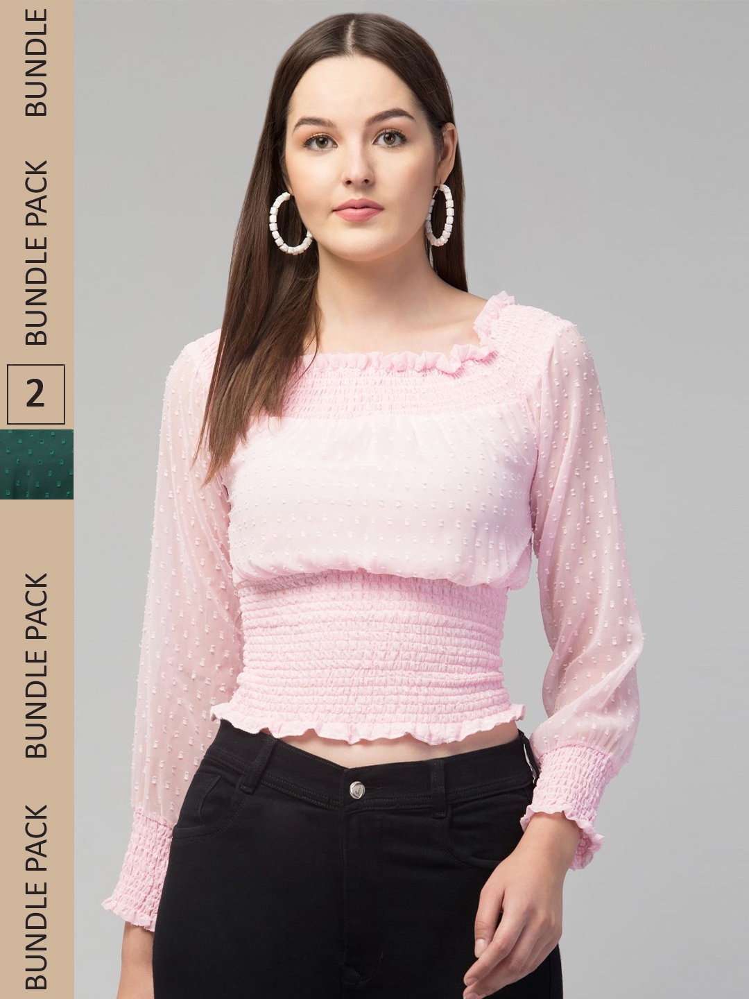 

Apraa & Parma Women Pack Of 2 Pink & Green Off-Shoulder Smocked Cinched Waist Top