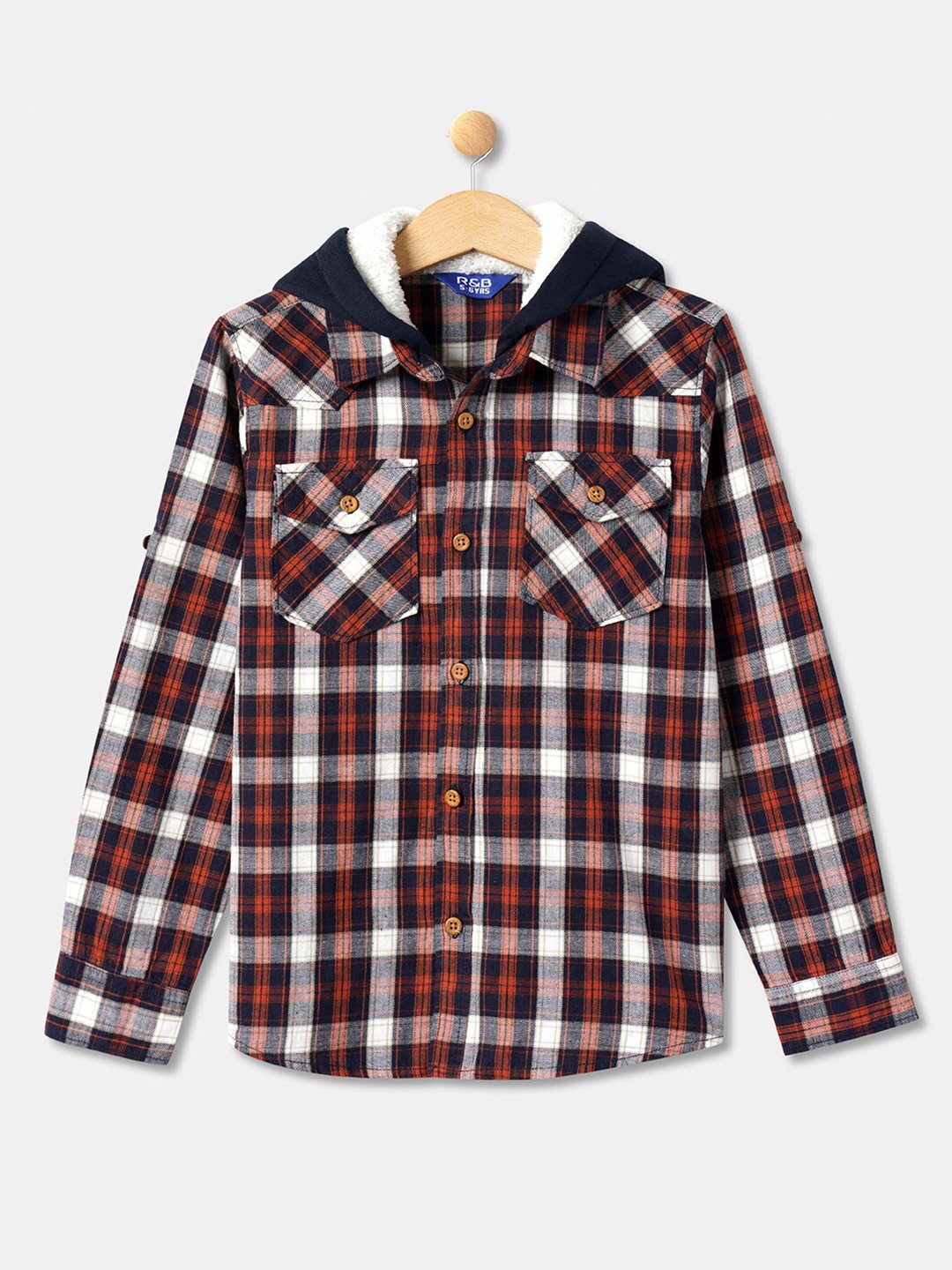

R&B Boys Red Checked With Hooded Casual Shirt