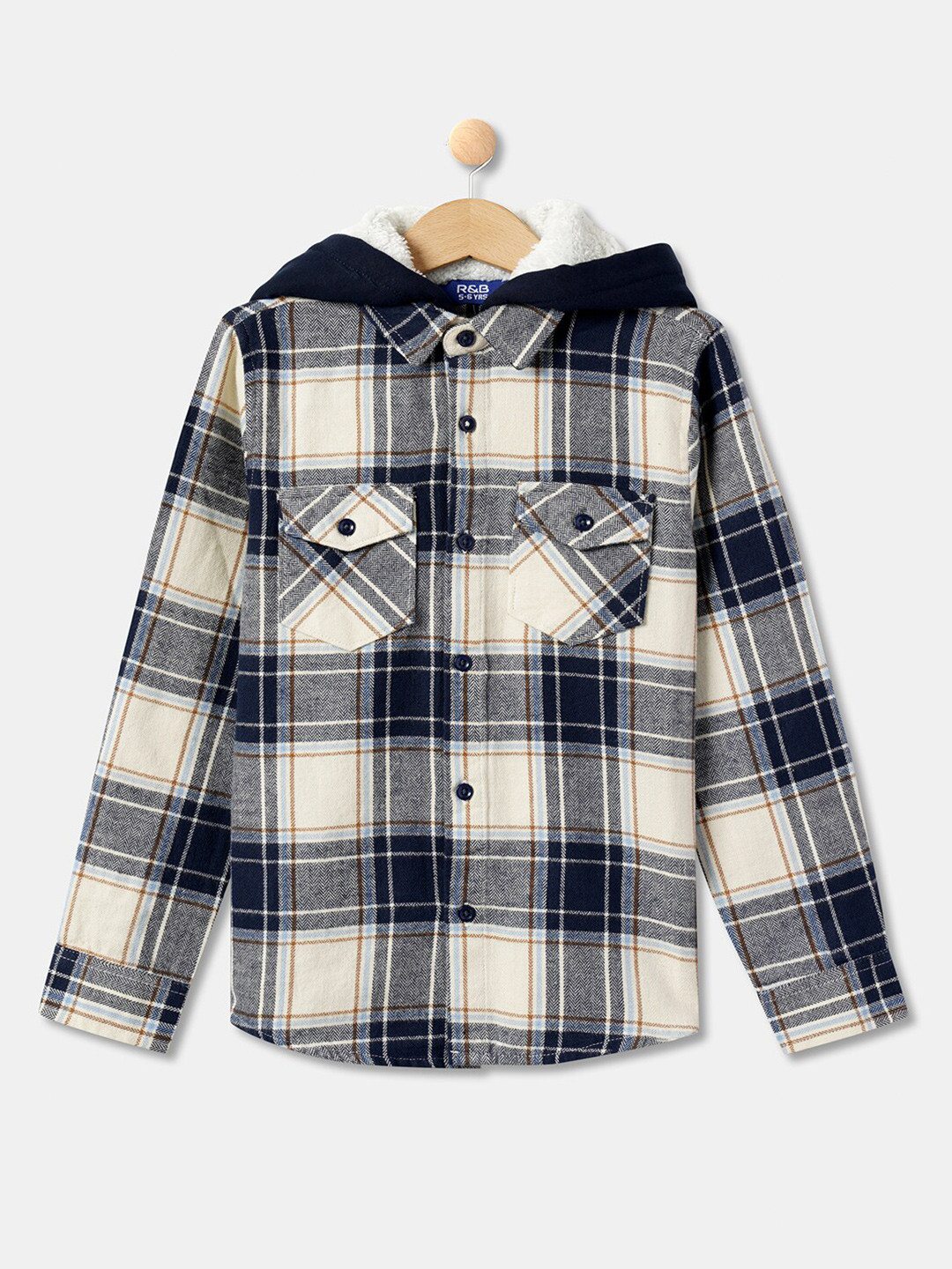 

R&B Boys Blue Tartan Checked Hooded Cotton Casual Shirt