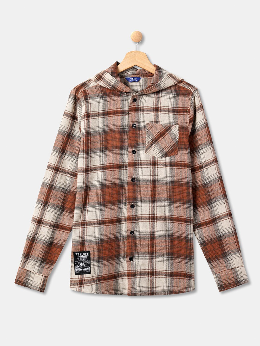 

R&B Boys Brown Tartan Checked Hooded Cotton Casual Shirt