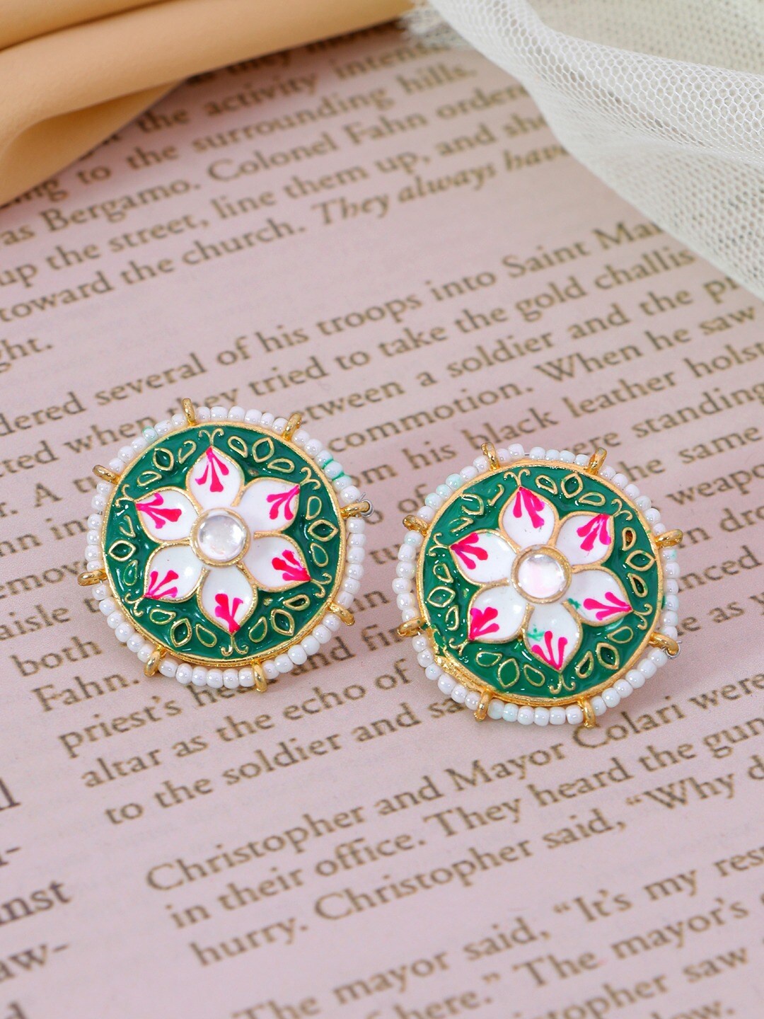 

Crunchy Fashion Green Gold-Plated Classic Meenakari Studs Earrings