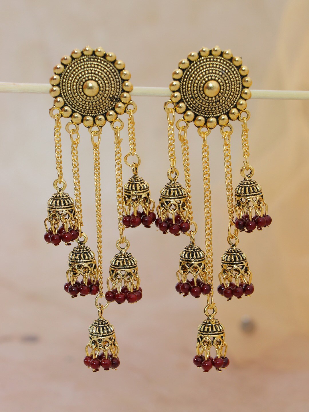 

Crunchy Fashion Maroon Gold-Plated Classic Jhumkas Earrings