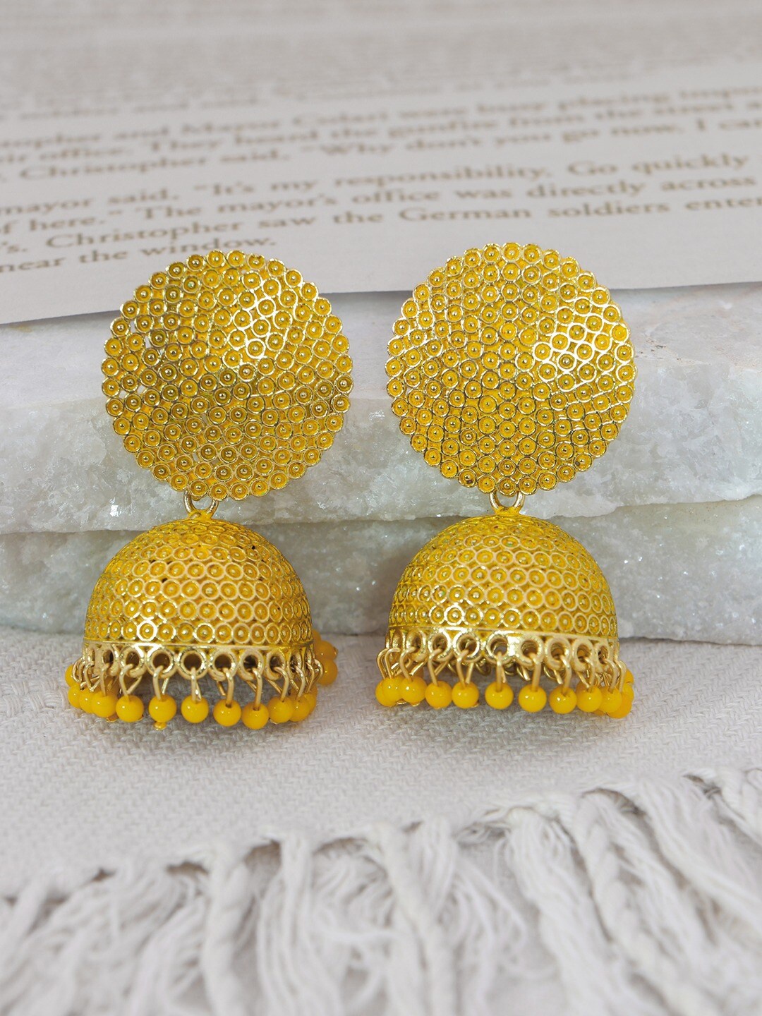 

Crunchy Fashion Yellow & Gold-Plated Dome Shaped Jhumkas Earrings