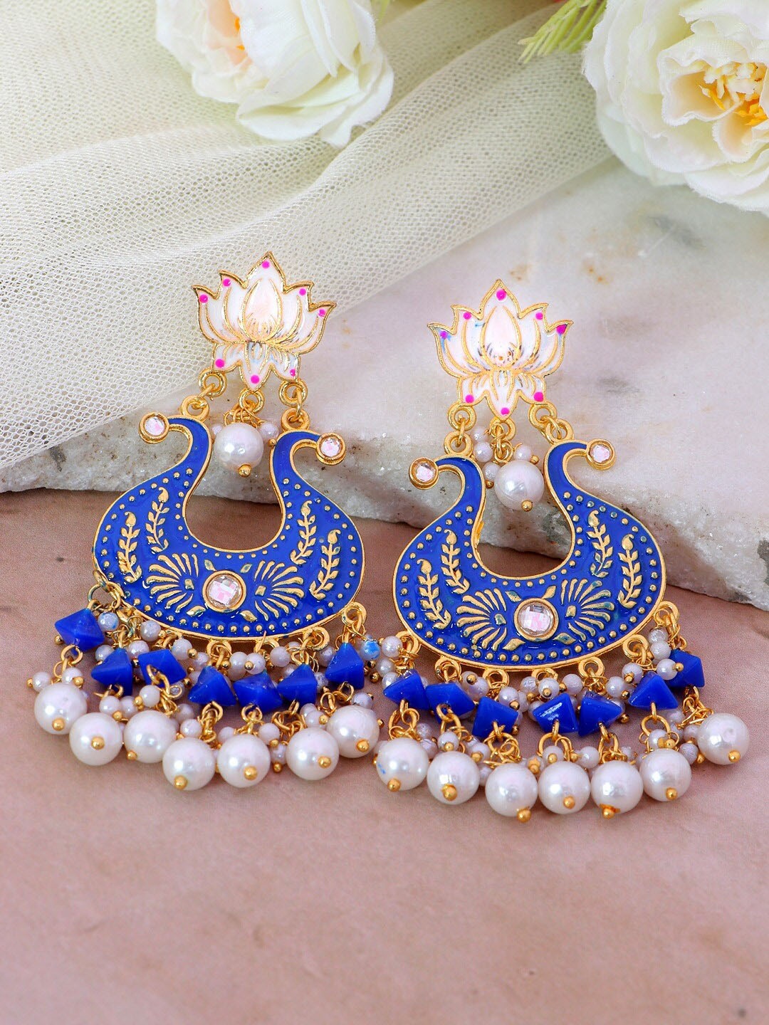 

Crunchy Fashion Blue & White Gold-Plated Kundan Classic Chandbalis Earrings