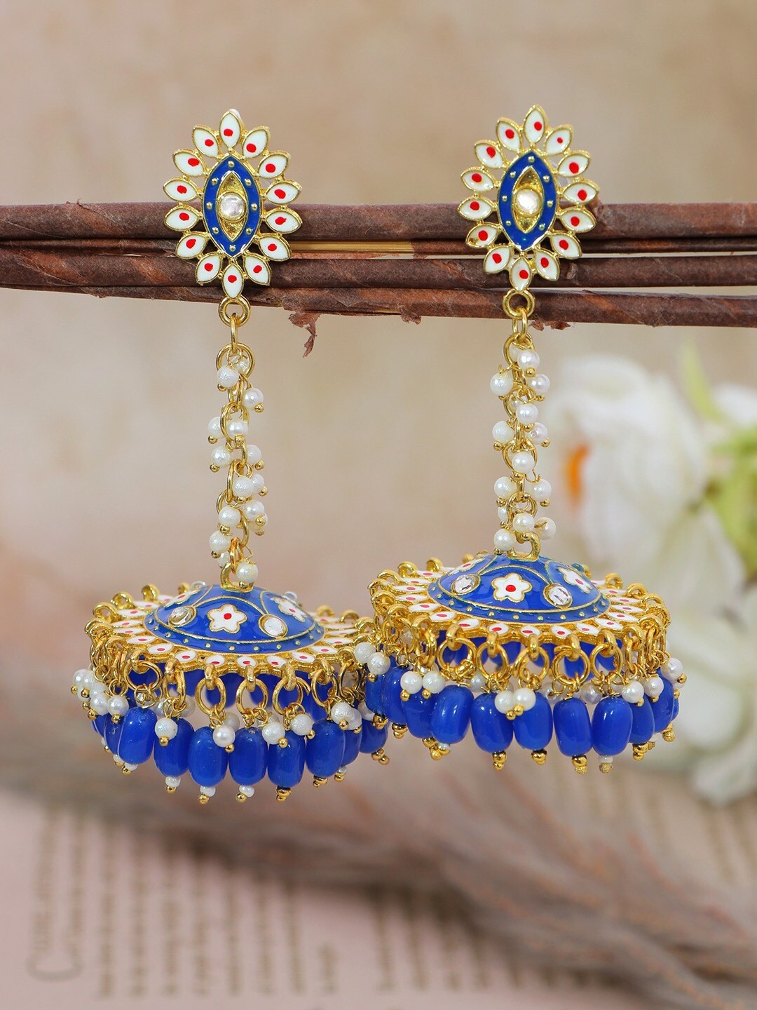 

Crunchy Fashion Blue & White Gold-Plated Meenakari Classic Jhumkas Earrings