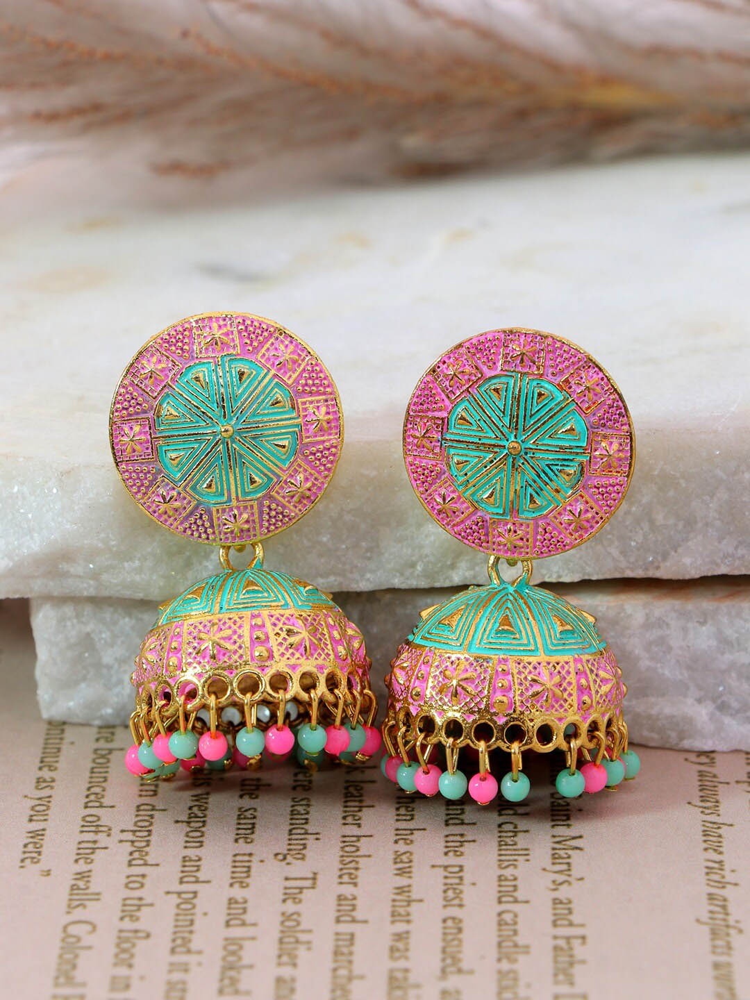 

Crunchy Fashion Pink & Sea Green Gold-Plated Dome Shaped Jhumkas Earrings