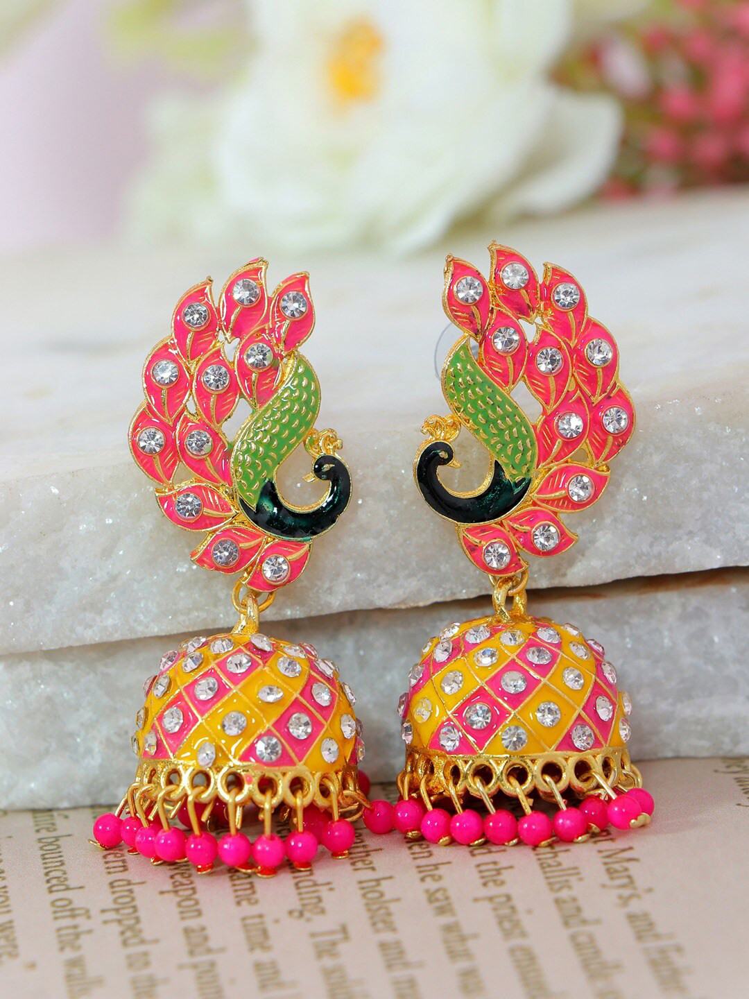

Crunchy Fashion Pink & Yellow Gold-Plated Peacock Shaped Jhumkas Earrings