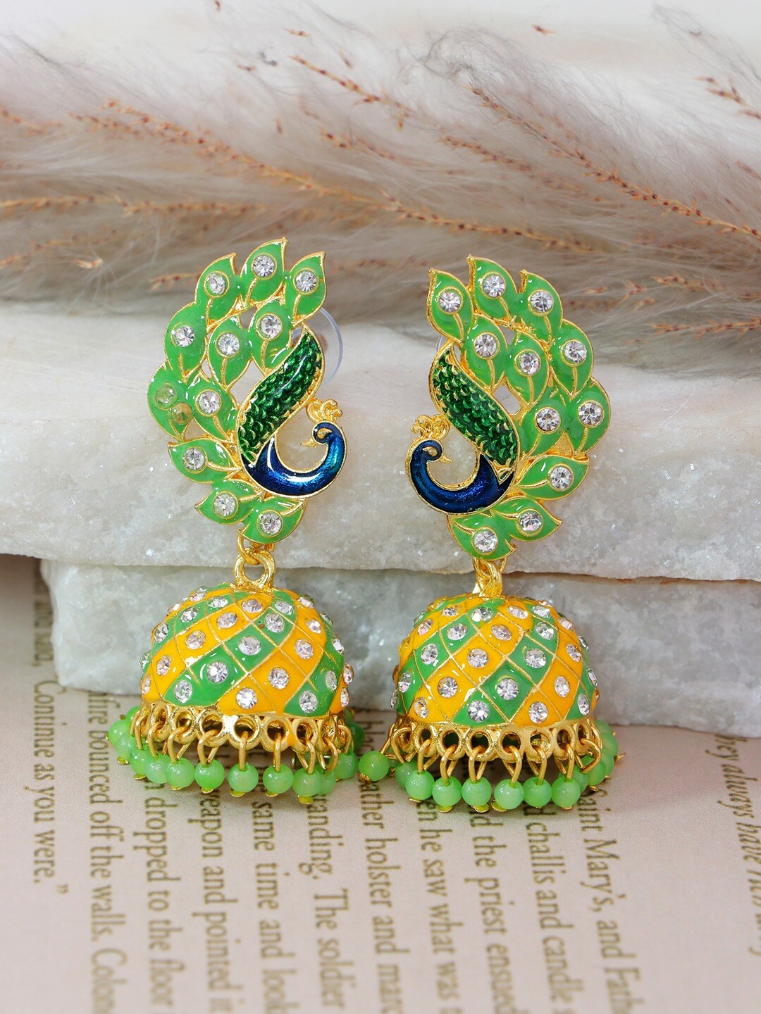 

Crunchy Fashion Green & Yellow Gold-Plated Peacock Shaped Jhumkas Earrings