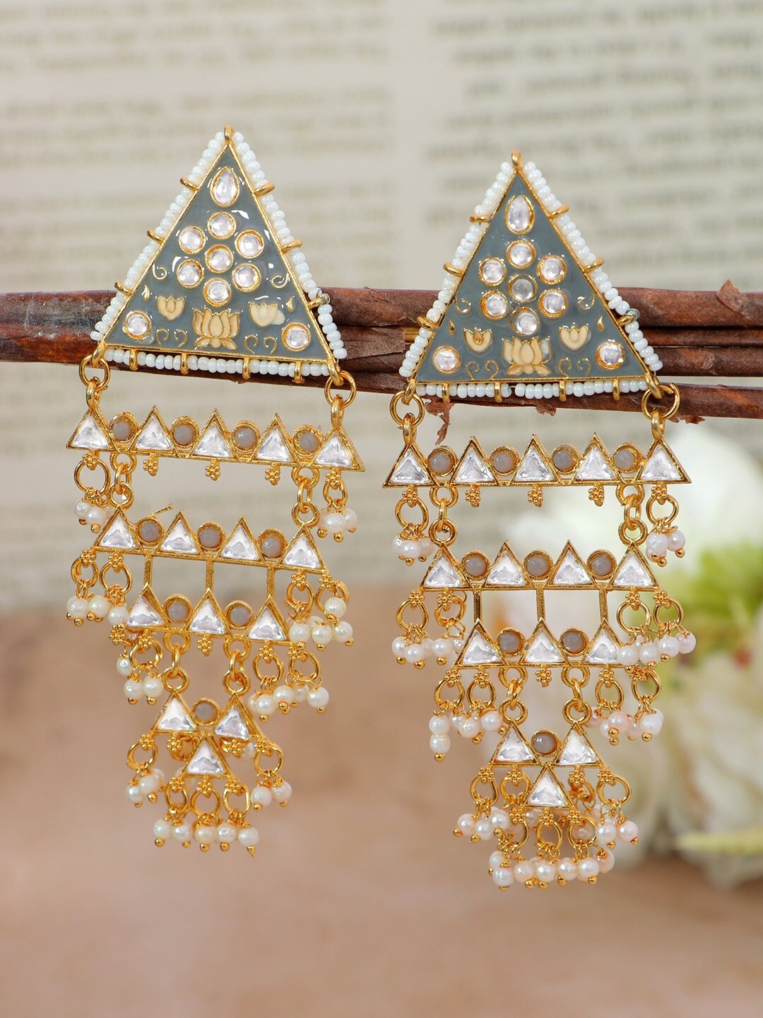 

Crunchy Fashion Grey & White Gold-Plated Pearls Triangular Drop Earrings