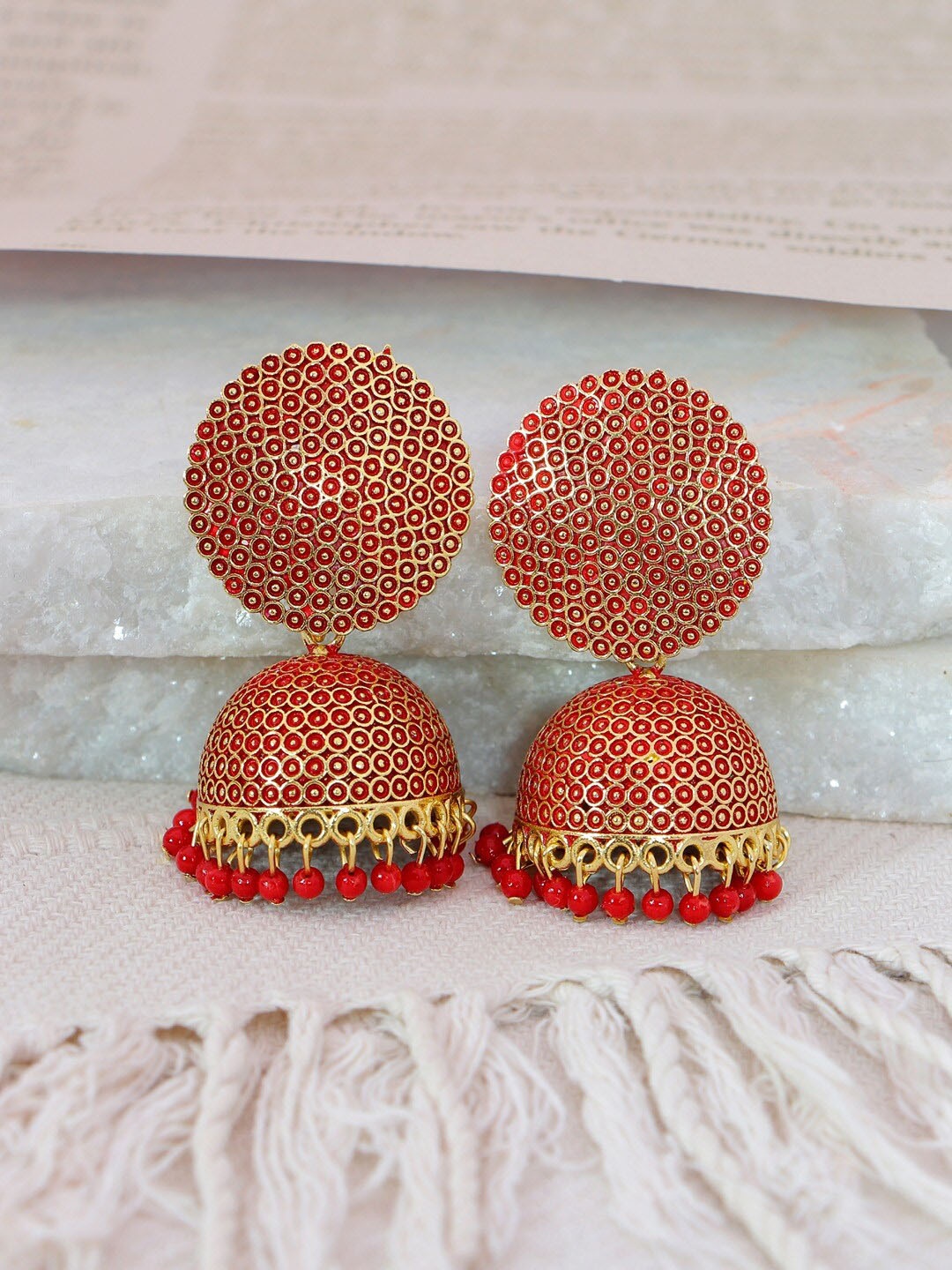 

Crunchy Fashion Red & Gold-Plated Dome Shaped Jhumkas Earrings