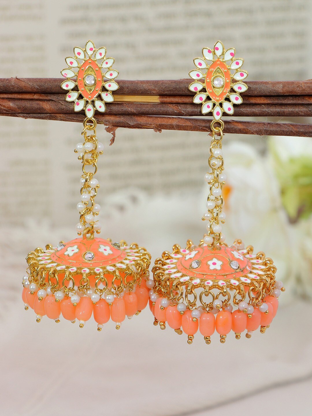

Crunchy Fashion Peach & White Gold-Plated Meenakari Classic Jhumkas Earrings
