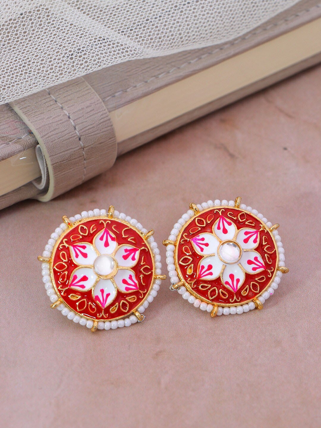 

Crunchy Fashion Red & White Gold-Plated Pearls Meenakari Floral Studs Earrings