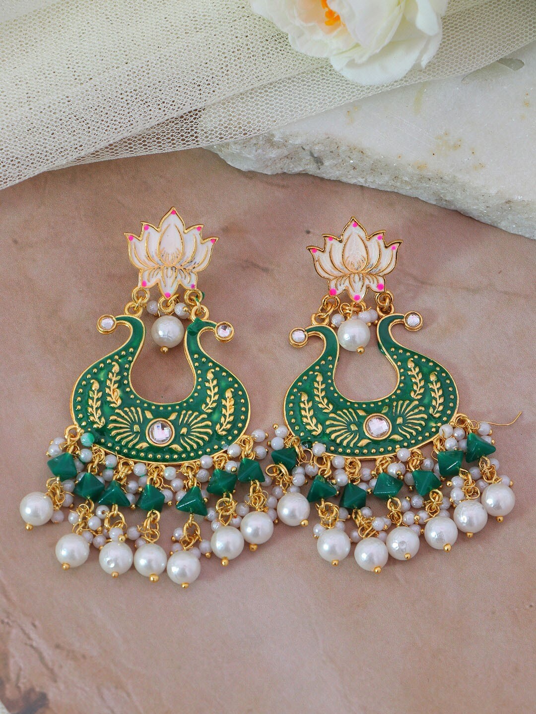 

Crunchy Fashion Green & White Gold-Plated Kundan Classic Chandbalis Earrings