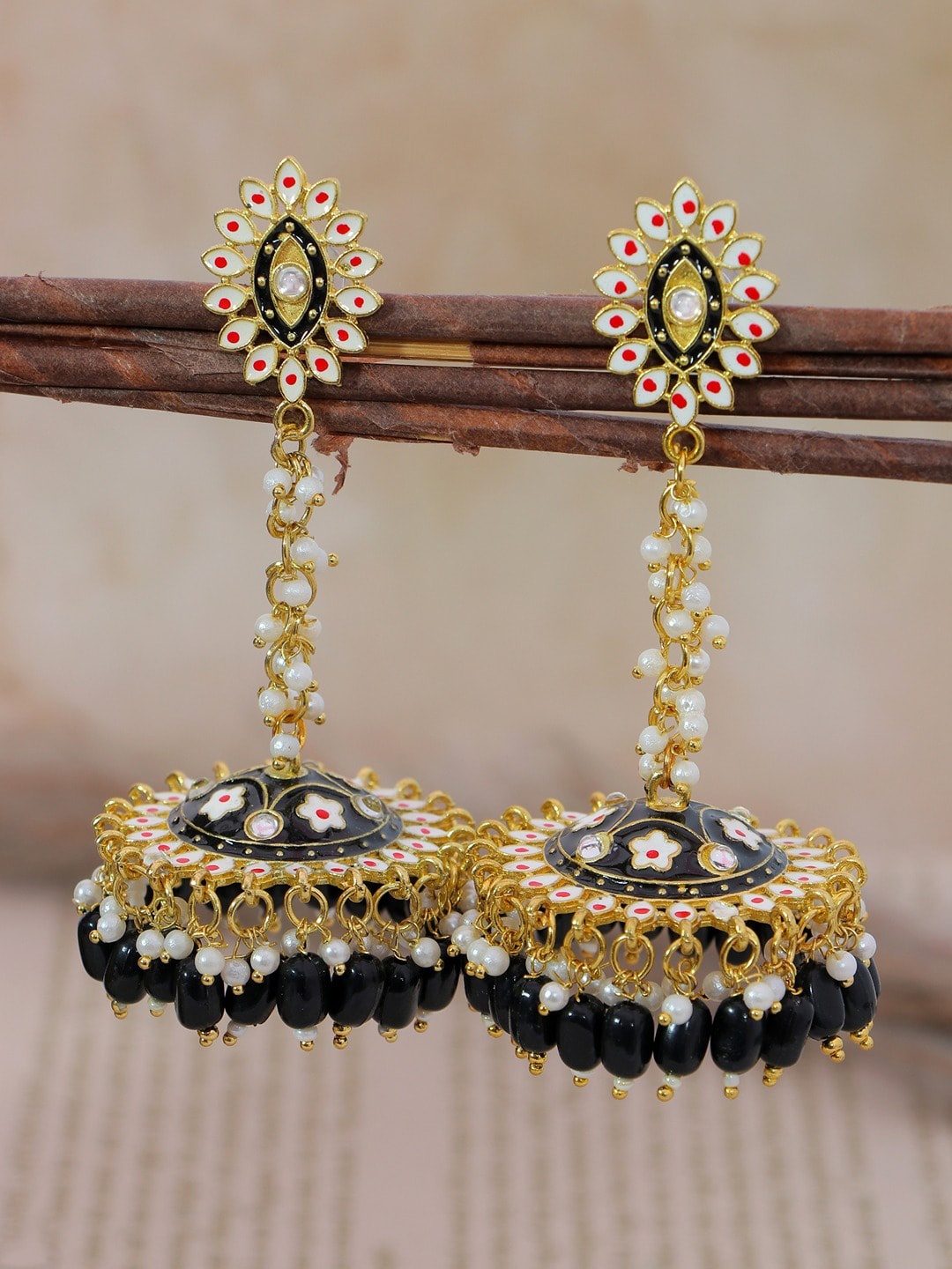 

Crunchy Fashion Black & White Gold-Plated Meenakari Classic Jhumkas Earrings