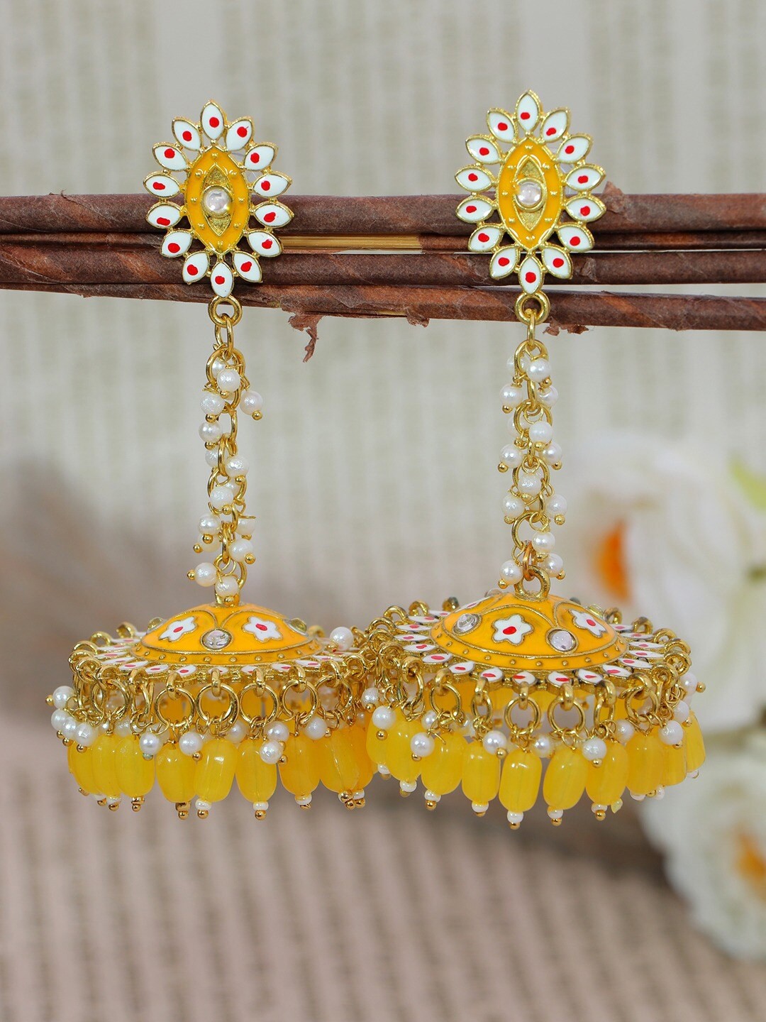

Crunchy Fashion Yellow & White Gold-Plated Meenakari Classic Jhumkas Earrings