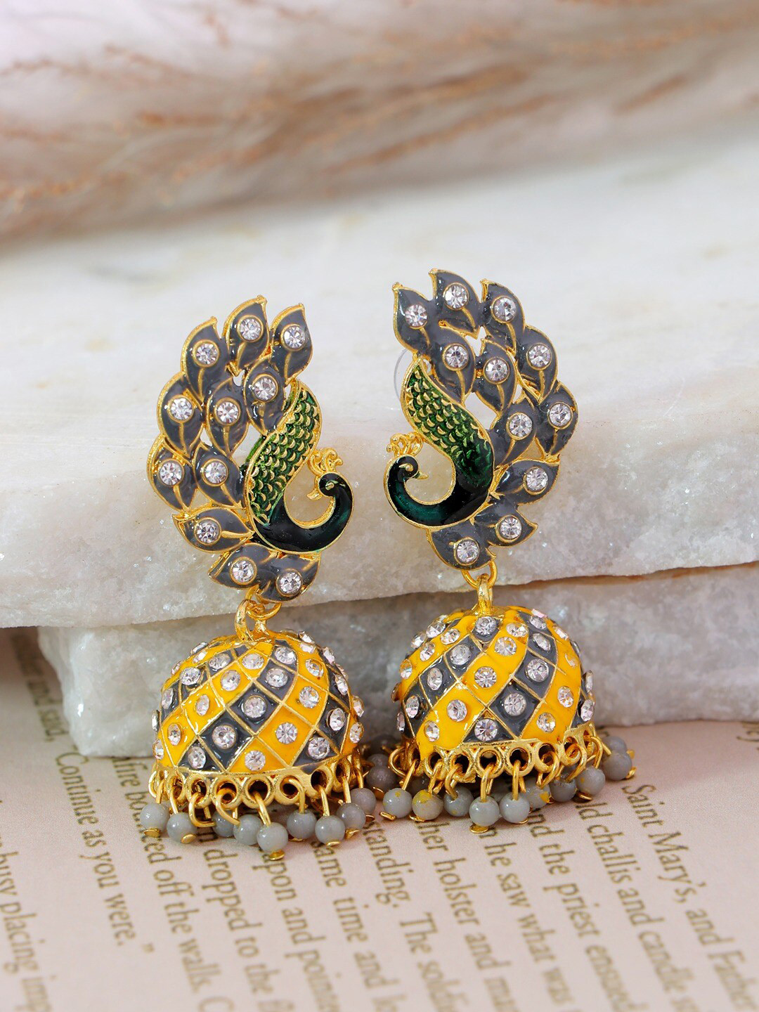 

Crunchy Fashion Grey & Yellow Gold-Plated Peacock Shaped Jhumkas Earrings