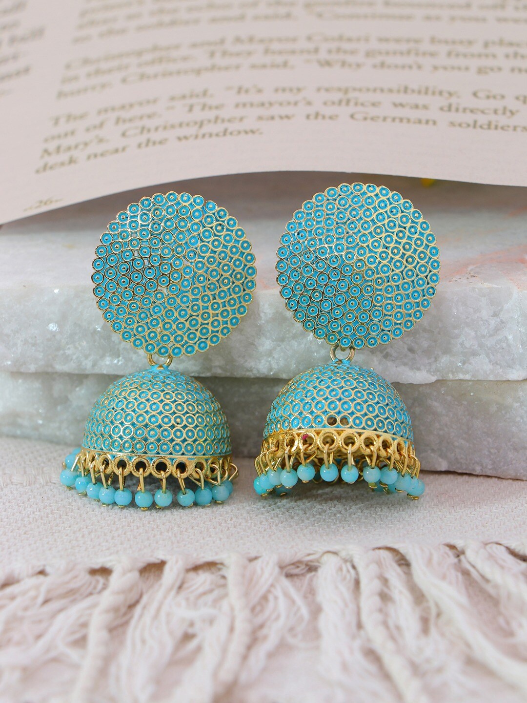 

Crunchy Fashion Turquoise Blue & Gold-Plated Dome Shaped Jhumkas Earrings