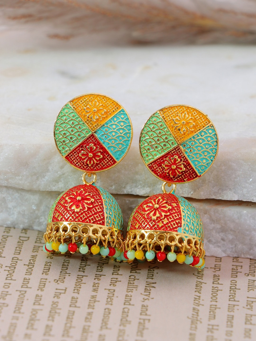 

Crunchy Fashion Red & Turquoise Blue Gold-Plated Dome Shaped Jhumkas Earrings