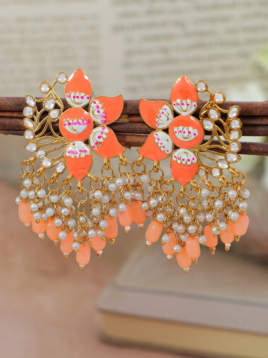 

Crunchy Fashion Peach & White Gold-Plated Meenakari Floral Drop Earrings