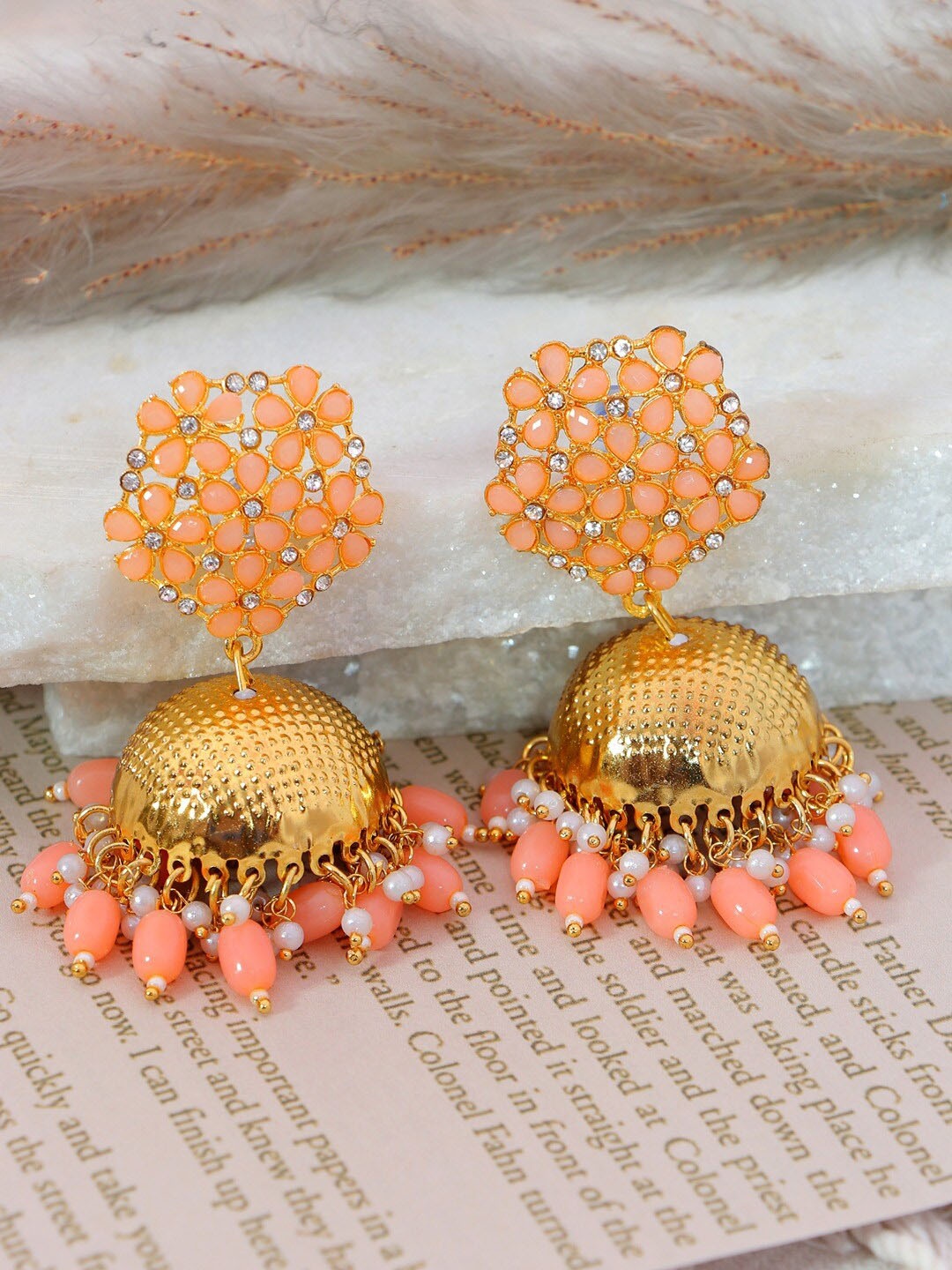 

Crunchy Fashion Peach & White Gold-Plated Dome Shaped Jhumkas Earrings