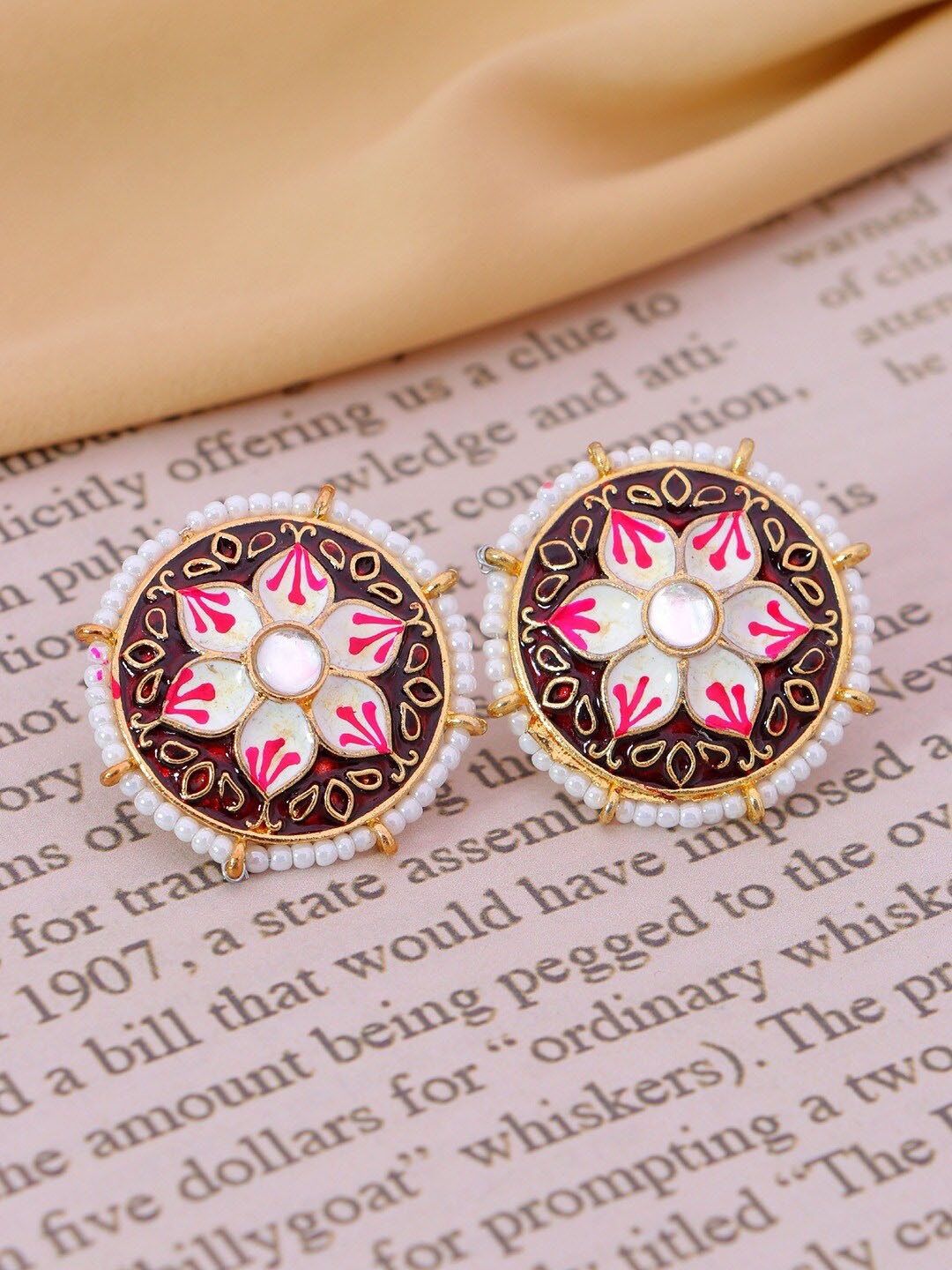 

Crunchy Fashion Maroon & White Gold-Plated Pearls Meenakari Floral Studs Earrings