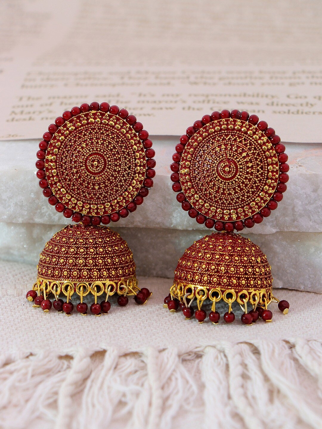 

Crunchy Fashion Maroon & Gold-Plated Dome Shaped Jhumkas Earrings