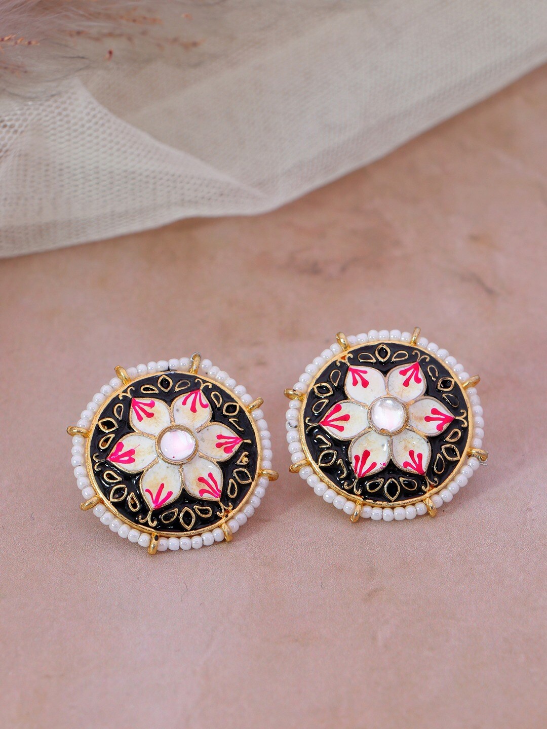

Crunchy Fashion Black & White Gold-Plated Pearls Meenakari Circular Studs Earrings
