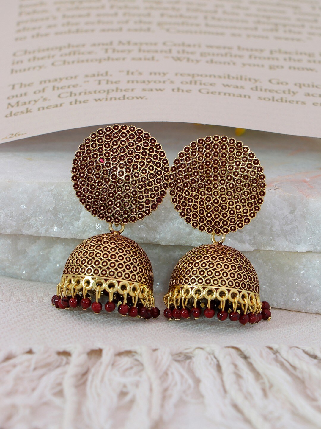 

Crunchy Fashion Burgundy & Gold-Plated Dome Shaped Jhumkas Earrings