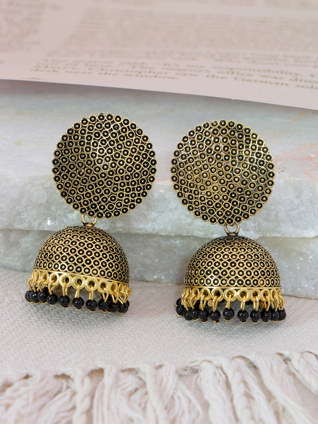 

Crunchy Fashion Black & Gold-Plated Dome Shaped Jhumkas Earrings