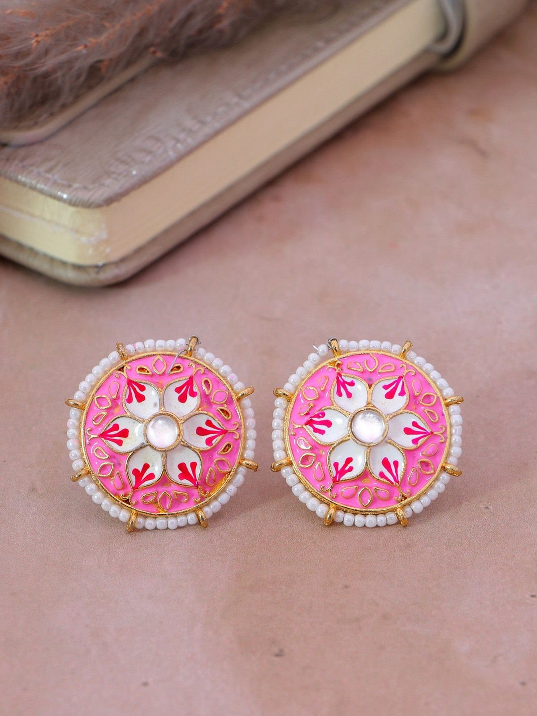 

Crunchy Fashion Pink & White Gold-Plated Pearls Meenakari Circular Studs Earrings