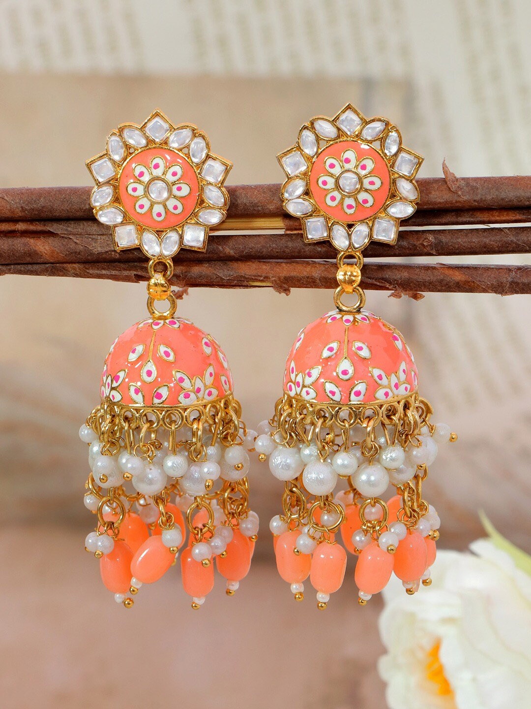 

Crunchy Fashion Peach & White Gold-Plated Meenakari Classic Jhumkas Earrings