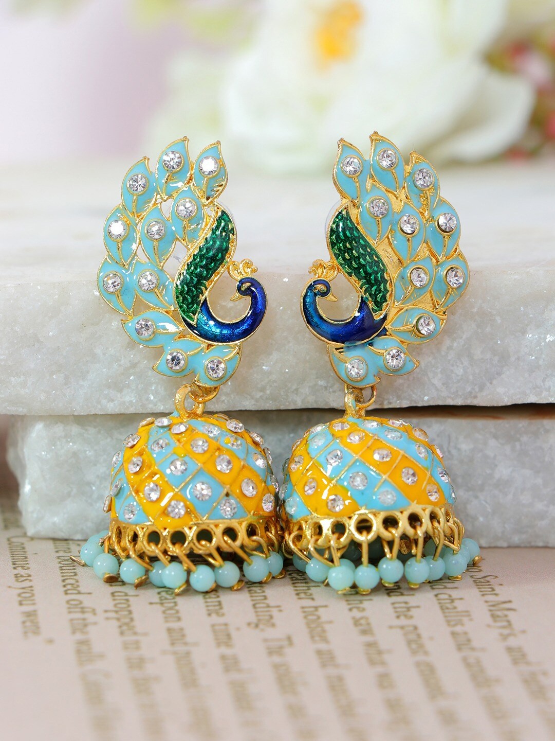 

Crunchy Fashion Turquoise Blue & Yellow Gold-Plated Peacock Shaped Jhumkas Earrings